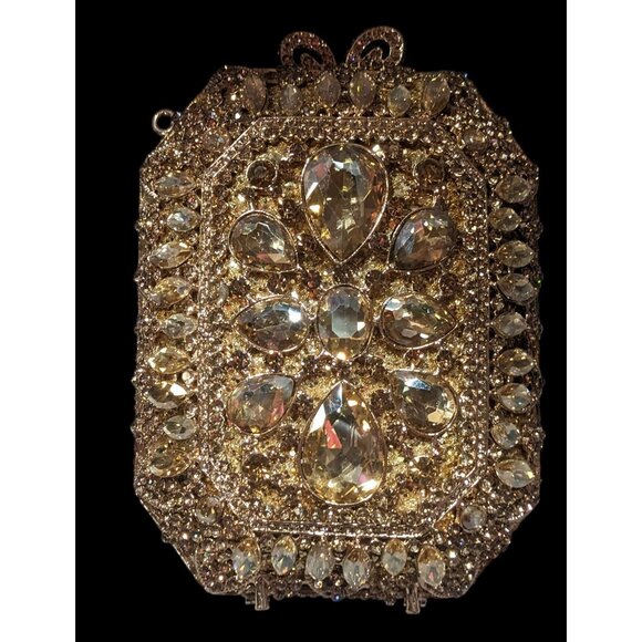 Luxury Rhinestone Encrusted Evening Bag Gold Tone With Removable Chain Strap - Picture 6 of 16